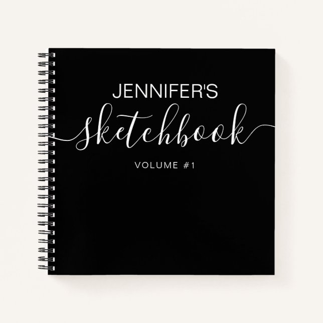 Elegant Black Personalized Sketchbook Your Name Notebook (Front)