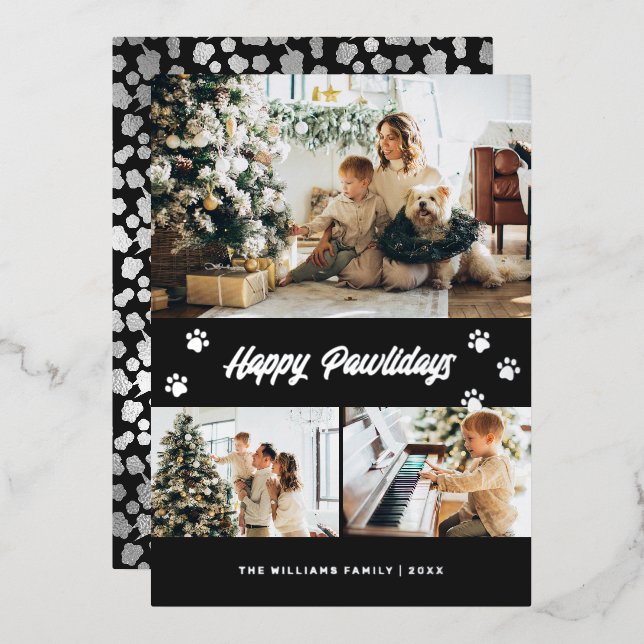 Elegant Black Photo Happy Pawlidays Silver Foil Holiday Card (Front/Back)