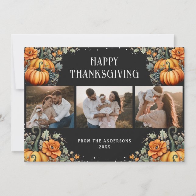 Elegant Black Photo Happy Thanksgiving Card (Front)
