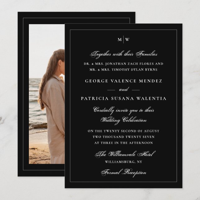 Elegant Black Photo Monogram Wedding Invitation (Front/Back)