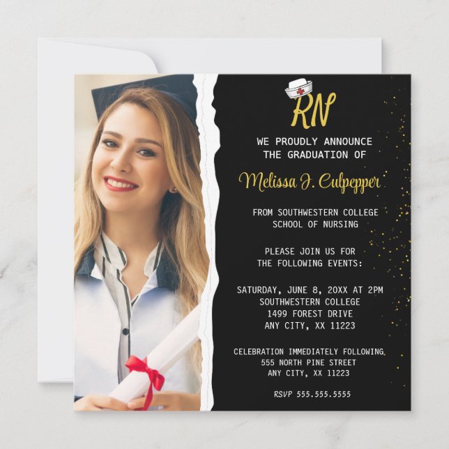 Elegant Black Photo Nursing Graduation  Invitation (Front)