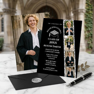 Elegant Black Photo Strip Graduation with Glitter Invitation