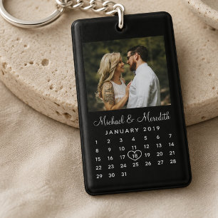 Elegant Black Photo Wedding Anniversary Calendar Keychain
