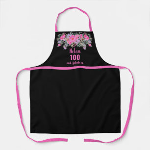 Elegant black pink 100th birthday floral apron