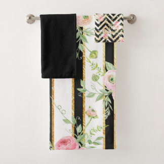 Elegant Black, Pink and Green Floral Bath Towel