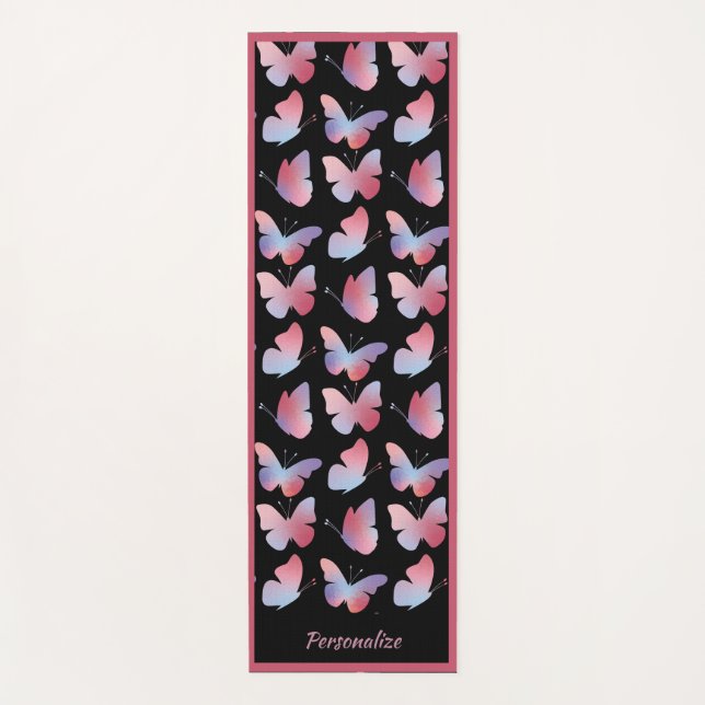 Elegant Black Pink Butterfly Pattern Zen Yoga Yoga Mat (Front)