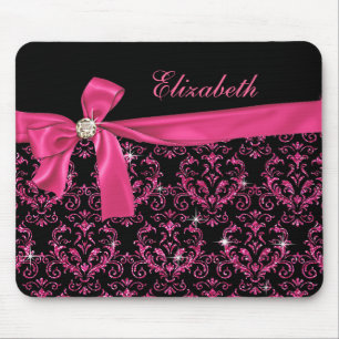 Elegant Black Pink Damask Diamond Bow Custom Mouse Pad