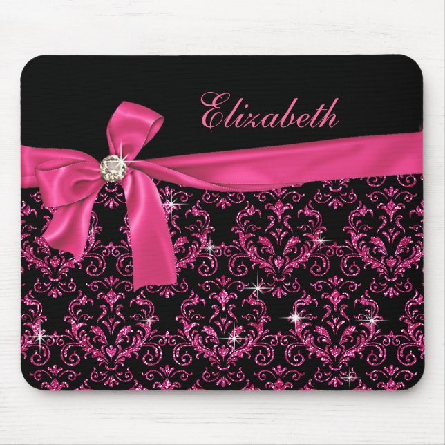 Elegant Black Pink Damask Diamond Bow Custom Mouse Pad (Front)