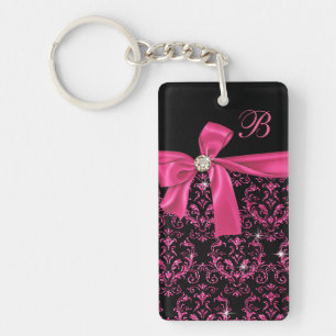 Elegant Black Pink Damask Diamond Bow Monogram Keychain
