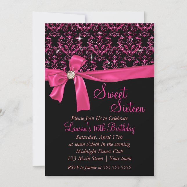 Elegant Black Pink Damask Sweet Sixteen Party Invitation (Front)