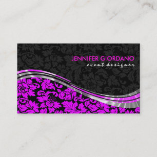 Elegant Black & Pink Damasks With Silver Accents Business Card