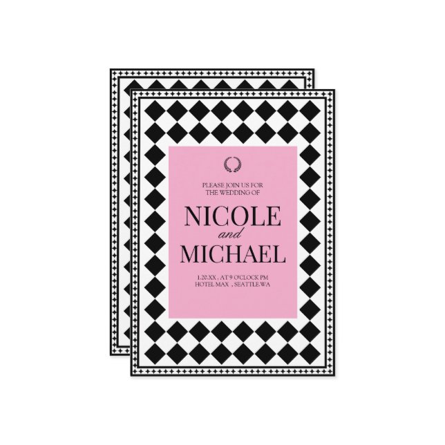 Elegant Black &Pink Diamond Pattern Wedding  Invitation (Front/Back In Situ)