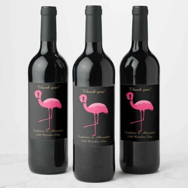 ELEGANT BLACK PINK FLAMINGO CUSTOMIZABLE WINE LABEL (Bottles)