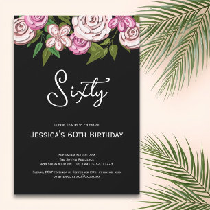 Elegant Black Pink Floral 60th Birthday Party  Invitation