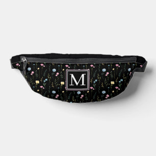 Elegant Black & Pink Floral Botanical Monogram Fanny Pack