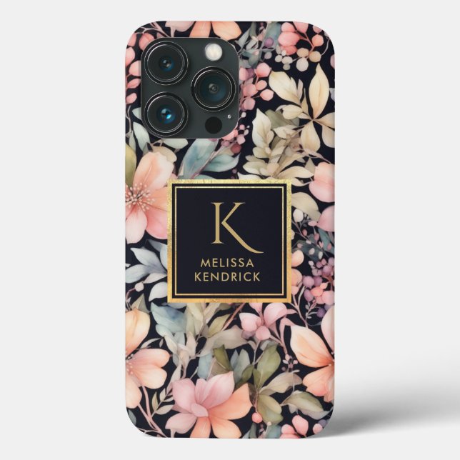 Elegant Black Pink Floral Watercolor Monogram Name Case-Mate iPhone Case (Back)