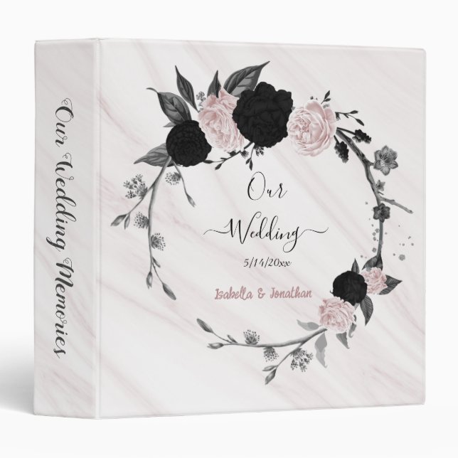 elegant black pink floral wreath marble album binder (Front/Spine)