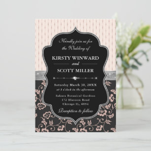 Elegant Black Pink Frame Floral Wedding Invitation
