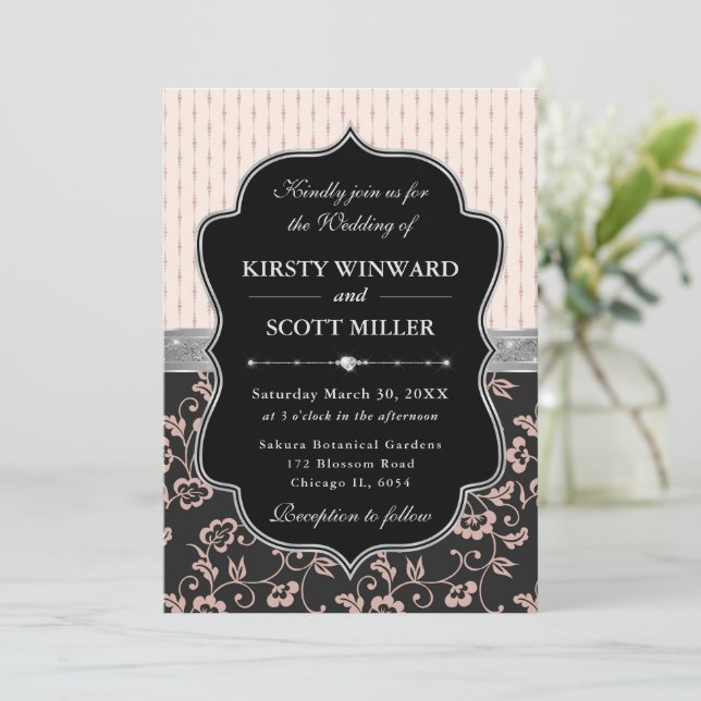 Elegant Black Pink Frame Floral Wedding Invitation (Standing Front)