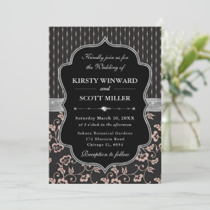 Elegant Black Pink Frame Floral Wedding Invitation