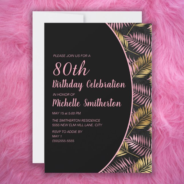 Elegant Black Pink Gold 80th Birthday Invitation (Creator Uploaded)