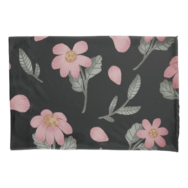Elegant Black Pink Green Floral Pillowcase (Front)