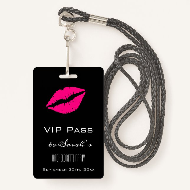 Elegant Black Pink Kiss Bachelorette Party Access Badge (Front with Lanyard)