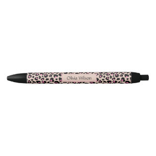 Elegant Black Pink Leopard Skin Pattern Monogram  Black Ink Pen