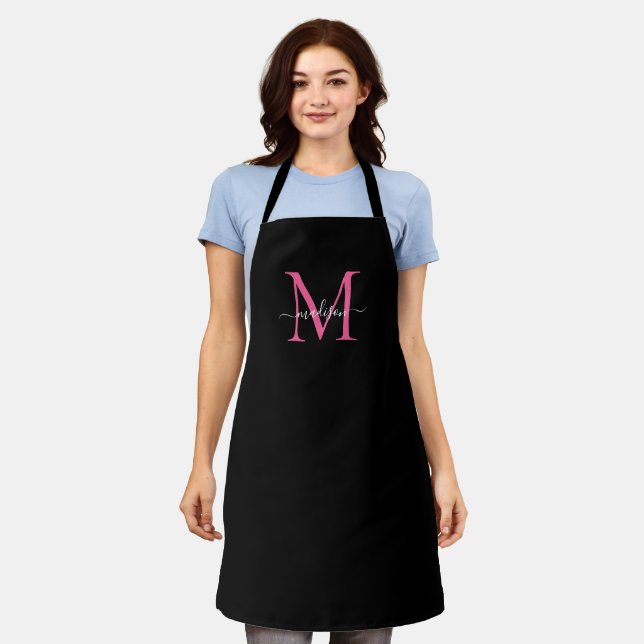 Elegant Black Pink  Monogram Girly Feminine Script Apron (Worn)