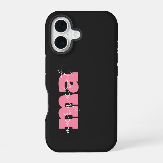 Elegant Black pink monogram initial script name iPhone 16 Case (Back)