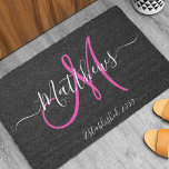 Elegant Black Pink Monogram Script Family Name Doormat<br><div class="desc">DIY Personalized black and white and pink monogram design with bride and groom last name and wedding date on a black background. Makes a unique and great gift for newlyweds starting a new family. Great for new house together. Customize with your name, monogram initial and wedding date and colours. Elke...</div>