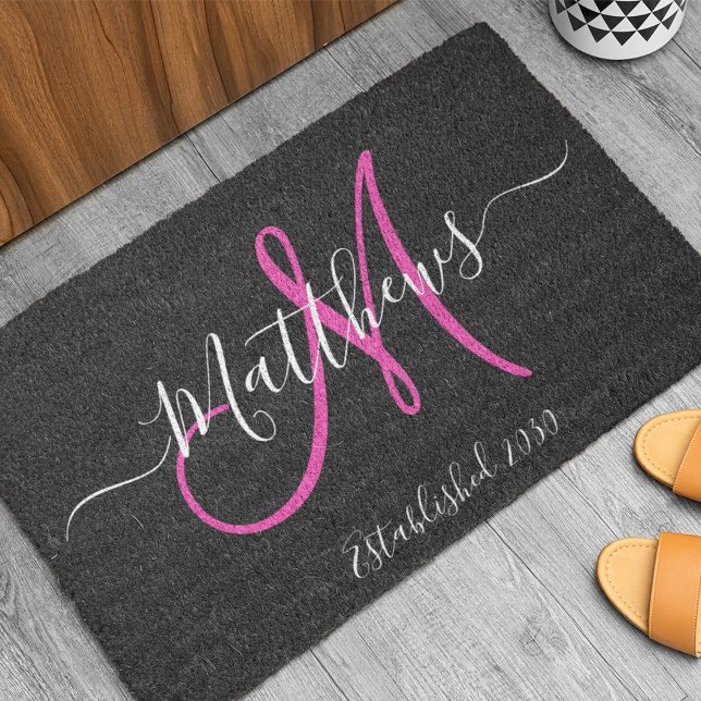 Elegant Black Pink Monogram Script Family Name Doormat (Creator Uploaded)
