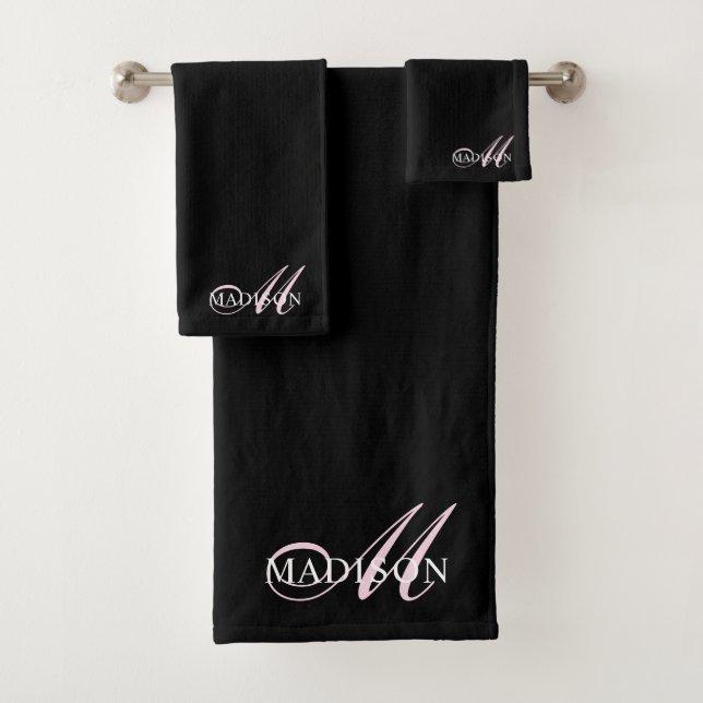 Elegant Black Pink Monogram Script Initial Name  Bath Towel Set (Insitu)