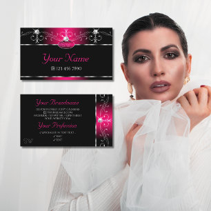 Elegant Black Pink Ornate Sparkle Jewels Monogram Business Card