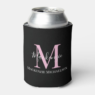 Elegant Black Pink Personalized Monogram Name Can Cooler