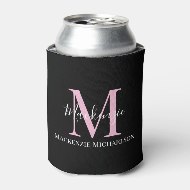 Elegant Black Pink Personalized Monogram Name  Can Cooler (Can Front)