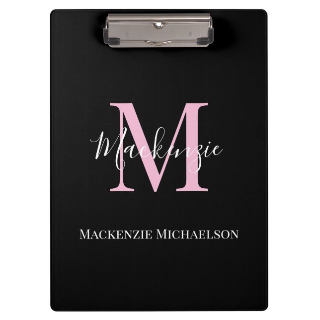 Elegant Black Pink Personalized Monogram Name  Clipboard (Front)