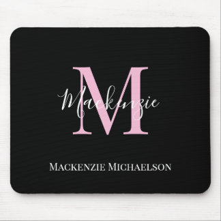 Elegant Black Pink Personalized Monogram Name Mouse Pad