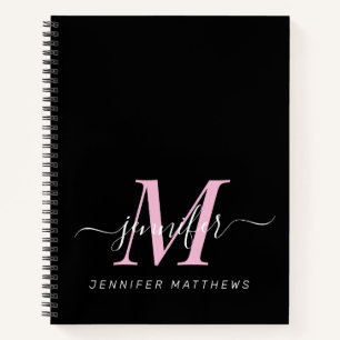 Elegant Black Pink Personalized Monogram Name Notebook