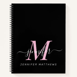 Elegant Black Pink Personalized Monogram Name Notebook