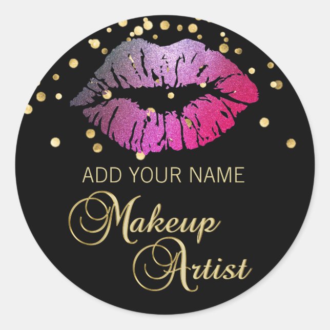 Elegant Black Pink Purple Gold Lips Makeup Artist Classic Round Sticker (Front)