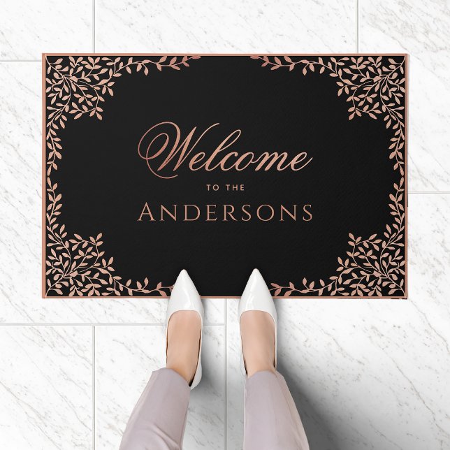 Elegant Black Pink Rose Gold Leaves Name Welcome Doormat (Creator Uploaded)