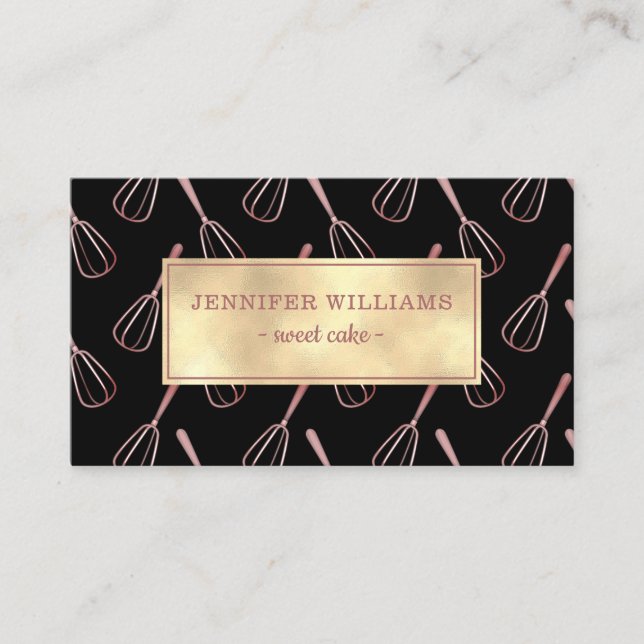 Elegant Black Pink Rose Gold Whisk Baking Business Card (Front)