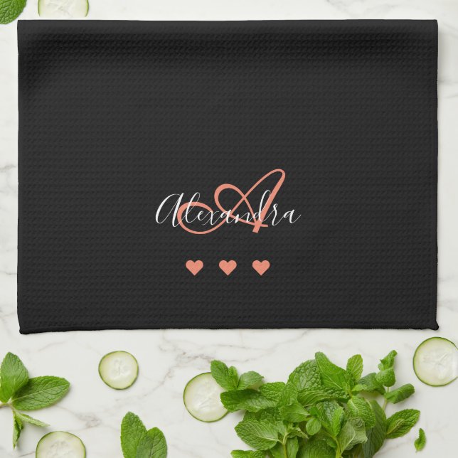 Elegant Black Pink Script Name Monogram Kitchen Towel (Folded)