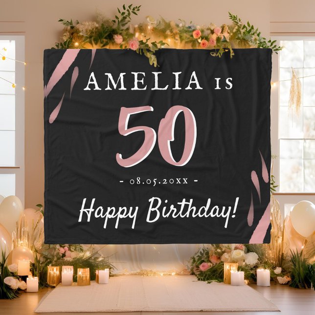 Elegant Black Pink Watercolor 50th Birthday  Fleece Blanket (Creator Uploaded)