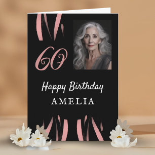 Elegant Black Pink Watercolor 60th Birthday Photo Card