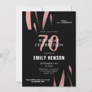 Elegant Black Pink Watercolor 70th Birthday Party Invitation