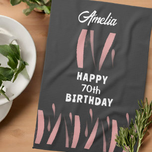 Elegant Black Pink Watercolor 70th Happy Birthday  Kitchen Towel