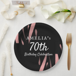 Elegant Black Pink Watercolor 70th Happy Birthday Paper Plate