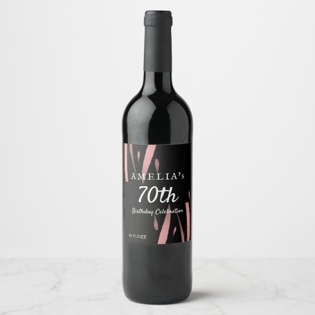 Elegant Black Pink Watercolor 70th Happy Birthday  Wine Label (Front)